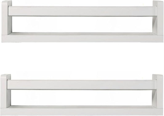 Nursery Book Shelves | Set of 2 Wood Floating Shelves for Kids Room, Kitchen Spice Rack, or Rustic Wall Mounted | Farmhouse Bathroom Décor (White)