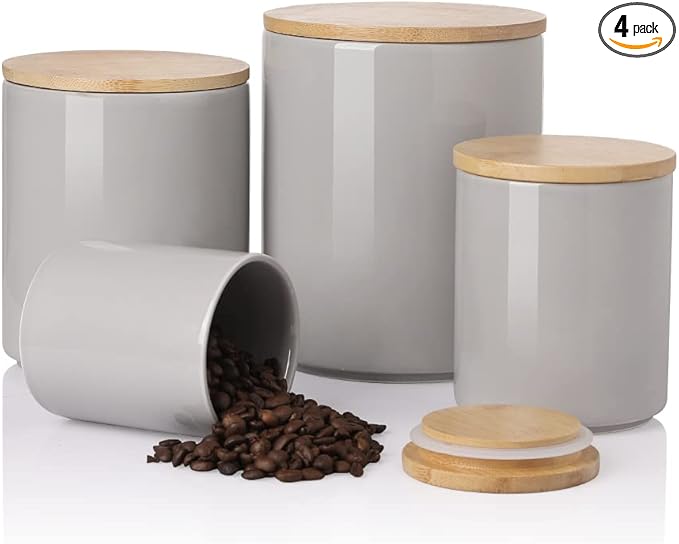 Sweejar Kitchen Canisters Ceramic Food Storage Jar Set, Stackable Containers with Airtight Seal Bamboo Lid for Serving Ground Coffee, Tea,Grains, Herbs,Sugar, Salt and More - Pack of 4（Gray）