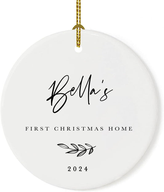 Andaz Press Personalized Dog Cat Pet Adoption Round Ceramic Porcelain Christmas Tree Ornament Engagement Collectible Gift for Baby, Bella's First Christmas Home 2024, Antique Handdrawn, 1-Pack
