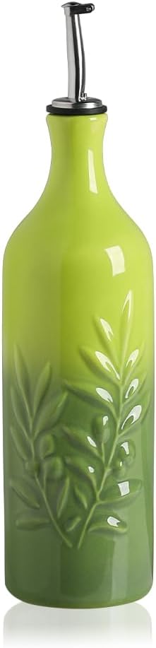 Sweejar Large Ceramic Olive Oil Dispenser Bottle, 24 Oz Relief Opaque Oil Cruet Protects Oil To Reduce Oxidation, Storage Vinegar, Soy Sauce, Coffee Syrup, Liquids, Set of 1 (Gradient Green)