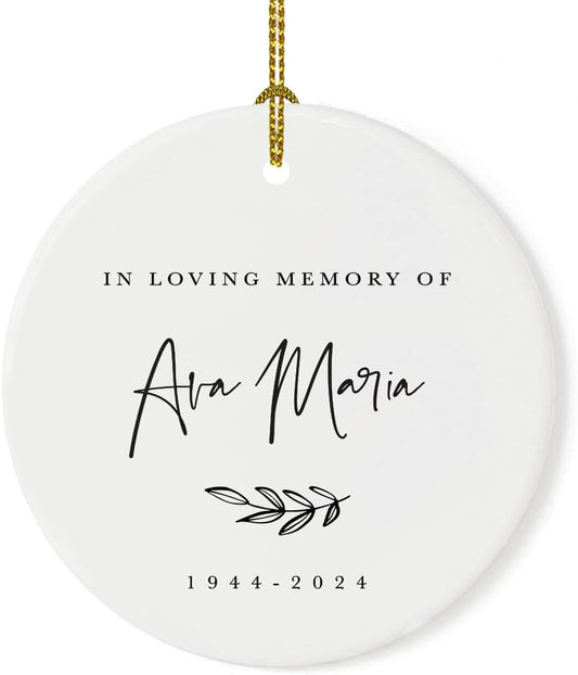 Andaz Press Personalized Round Ceramic Porcelain Christmas Ornament Keepsake Collectible Beareavement Memorial Gift, in Loving Memory of Ava Maria Carter 1944-2024, Antique Handdrawn, 1-Pack, Custom