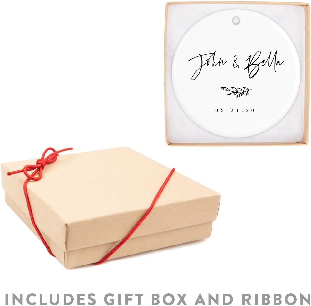 Andaz Press Personalized Round Ceramic Porcelain Christmas Tree Ornament Engagement Keepsake Collectible Gift, John & Olivia 03.21.20, Antique Handdrawn, 1-Pack