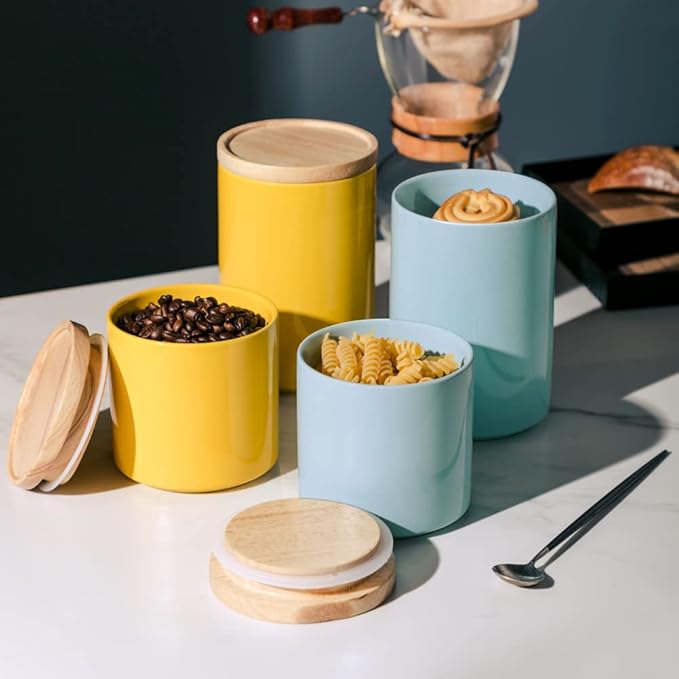 Sweejar Kitchen Canisters Ceramic Food Storage Jar, Stackable Containers with Airtight Seal Wooden Lid for Serving Ground Coffee, Tea, Sugar, Salt and More - 16 Fl Oz (Dark Turquoise)