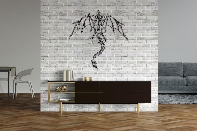 Dragon Metal Wall Art | Legendary Fantastic Dragon Wall Decor | Mythologic Wall Hanging | Man Cave Decorative | Mythic Wyvern Sculpture for Living Room Bedroom Game Room (Black - 38.9'' x 37.4'' / 100