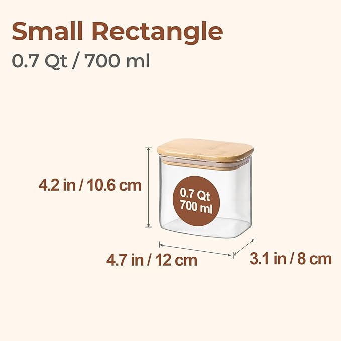 ComSaf 0.7 Qt Rectangle Glass Storage Containers with Lids, Glass Jars with Bamboo Lids, Clear Food Jar, Sugar Coffee Containers, Small Pantry Storage Container for Tea Candy Nuts Spices Oat