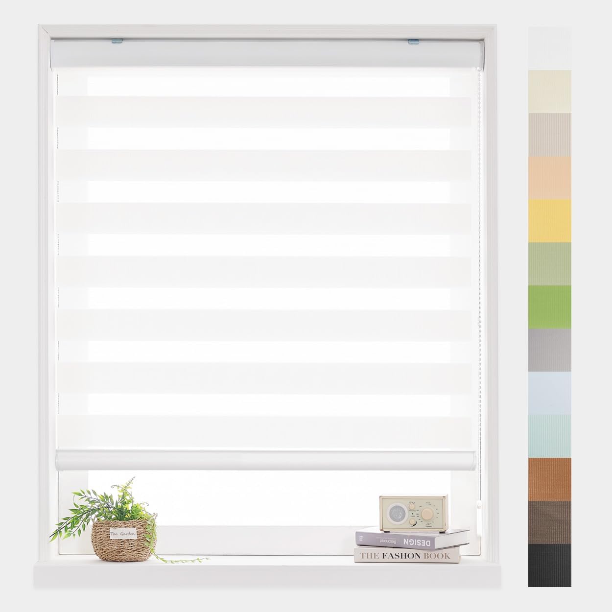 Foiresoft Standard Zebra Roller Blinds for Windows [W36 x H64 Inch, White, Basic], Light Filtering Dual Layer Shades for Bedroom, Living Room, Office, 13 Colors