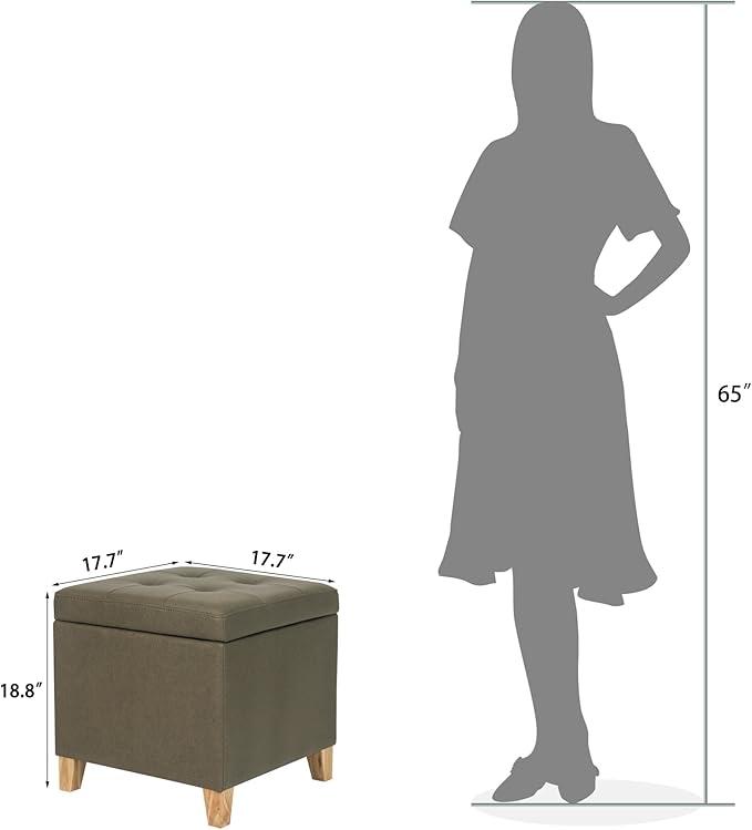 Adeco Fabric Storage Ottoman Bench with Solid Wood Legs, 17.7" Square Olive Green Leathaire Cube Foot Stool, Upholstered Button Tufted Vanity Chair with Hinged Lid for Living Room, Bedroom, Dorm