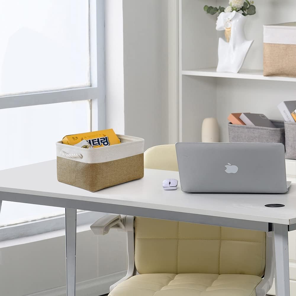 TheWarmHome Storage Basket for Shelves - 1 Pack 14x10x6.7 inch Collapsible Storage Bins Storage Boxes for Organizing for Laundry Closet Gift Cloth Nursery (Whiet & Khaki)