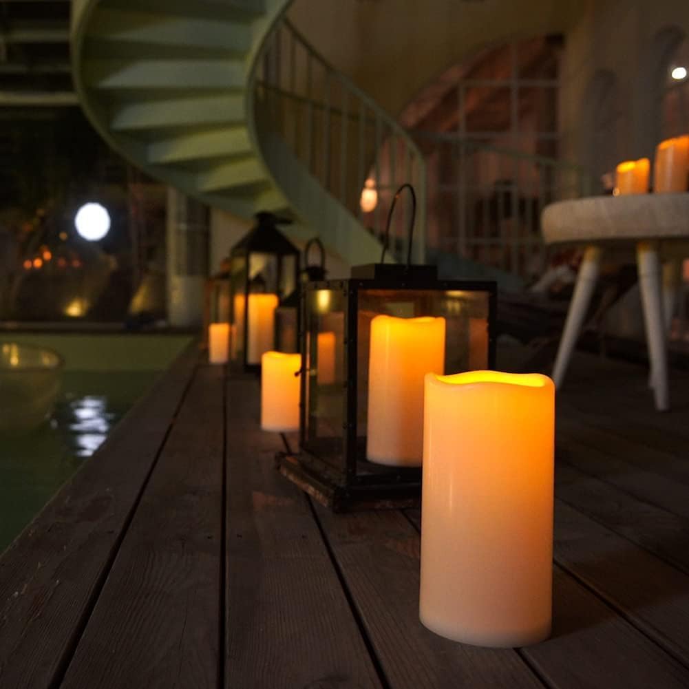 Homemory 4" x 8" Waterproof Outdoor Flameless Candles, Battery Operated Flickering LED Pillar Candles with Remote and Timers for Indoor Outdoor Lanterns, Long Lasting, Large, Dark Ivory, Set of 4