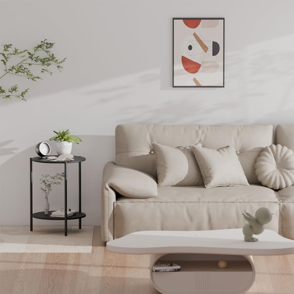 Side Table, Round End Table with 2-Layer Storage Rack, 15.7" Small Spaces Circle Table, Metal Frame Design Small Side Tables, for Living Room, Bedroom, Black