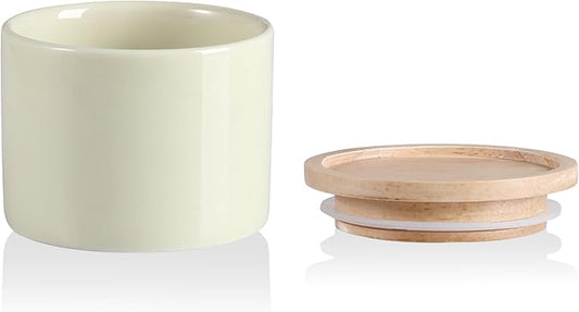 Sweejar Kitchen Canisters Ceramic Food Storage Jar, Stackable Containers with Airtight Seal Wooden Lid for Serving Ground Coffee, Tea, Sugar, Spice and More - 5 Fl Oz(Beige)