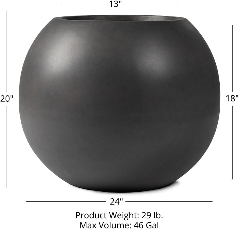 Ash & Ember Onyx 24" D Ceramic Indoor Outdoor Round Sphere Planter, Charcoal, Home Décor Evergreen Weather Resistant Modern Planter Pot, Seamless Herb & Seasonal Flower Garden Box