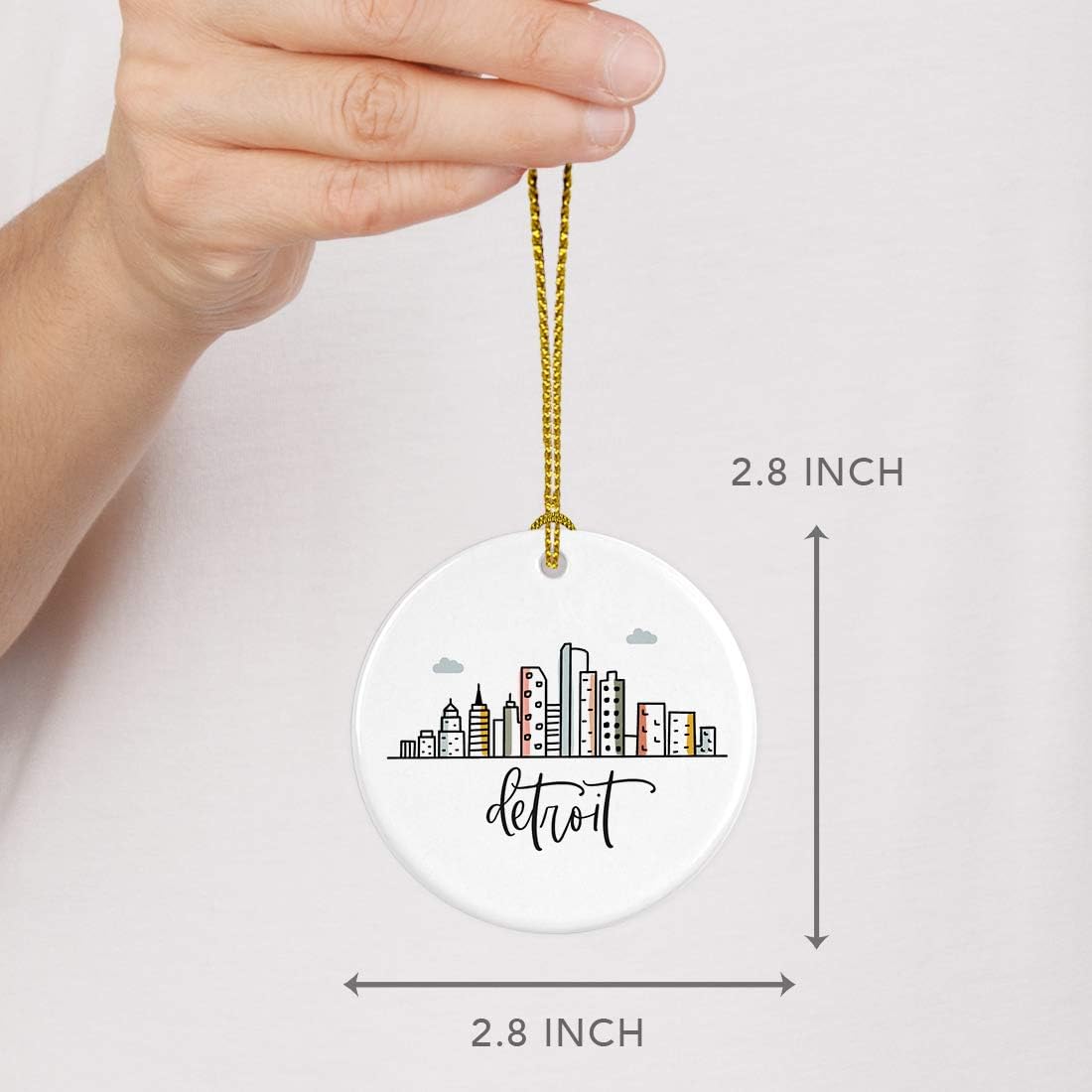 Andaz Press Round Ceramic Porcelain Christmas Tree Ornament Keepsake, Detroit Colorful City Skyline Graphic, 1-Pack, Birthday Gift Ideas Family Coworker Him Her, Includes Gift Box