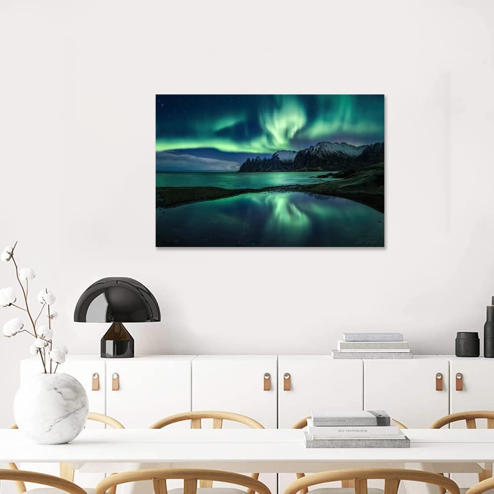 Aurora Borealis Wall Art Painting for Office Bedroom Scenery Landscape Canvas Print Framed Picture Northern Lights Poster Artwork Ready to Hang (20.00"x30.00")