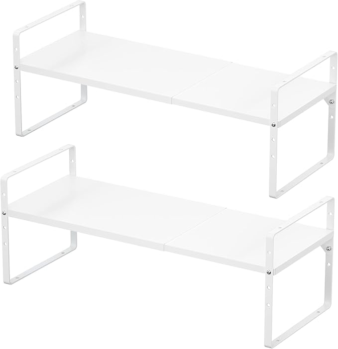 iPEGTOP Expandable Cabinet Storage Shelf Organizer Rack, Heavy Duty Cupboard Stand Spice Rack Adjustable Height Garage Pantry Shelf Space Riser for Counter Kitchen Organization, White, 2 Pack