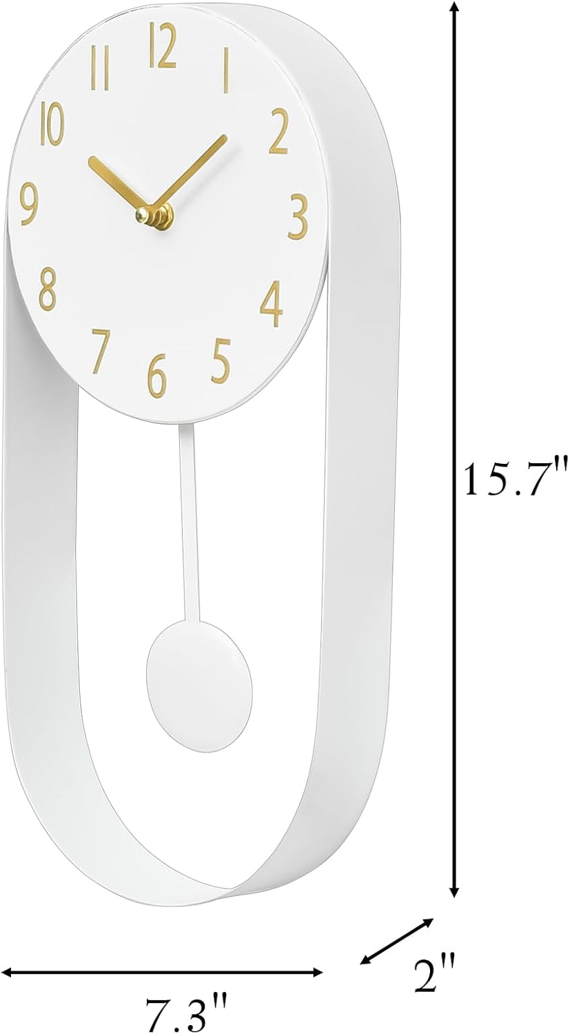 White Wall Pendulum Clock Stylish Minimalist White Wall Clock 8 Inch Modern Decorative Timepiece Silent Gold Included Distinctive Metal Frame Design