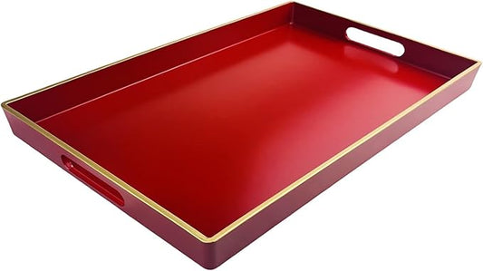 Red Decorative Tray, Rectangular Serving Tray with Handles, Plastic Coffee Table Tray for Ottoman, Living Room, Kitchen Tabletop, 15.6” x 10.2” x1.37”