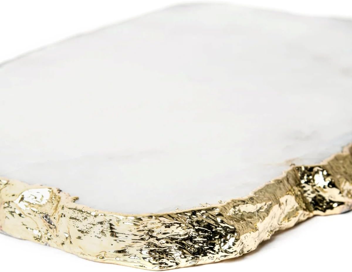 Generic White Quartz Agate Cheese Board Platter Tray Gold Plated Edges Agate Slab for Table Centrepiece Geode Stone Gifts For House Warming, Engagement, Wedding, Christmas