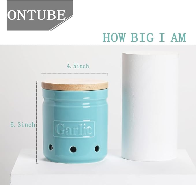 Large Garlic Keeper with Wooden Lid, Ceramic Garlic Holder Storage, Garlic Container for Kitchen, Garlic Saver to Keep Your Garlic Cloves Fresh Longer 4.5-Inch, Turquoise