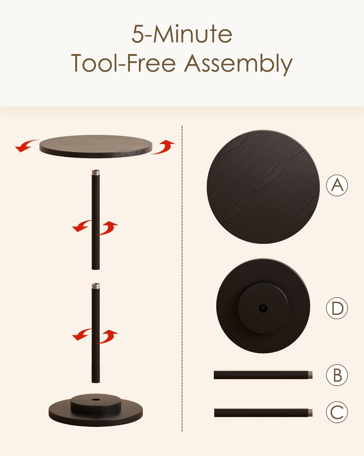 Masupu Drink Table, Round Side Table for Small Spaces, Pedestal Side Table, Small End Table with Metal Base, for Living Room, Bedroom, Bathroom, Black