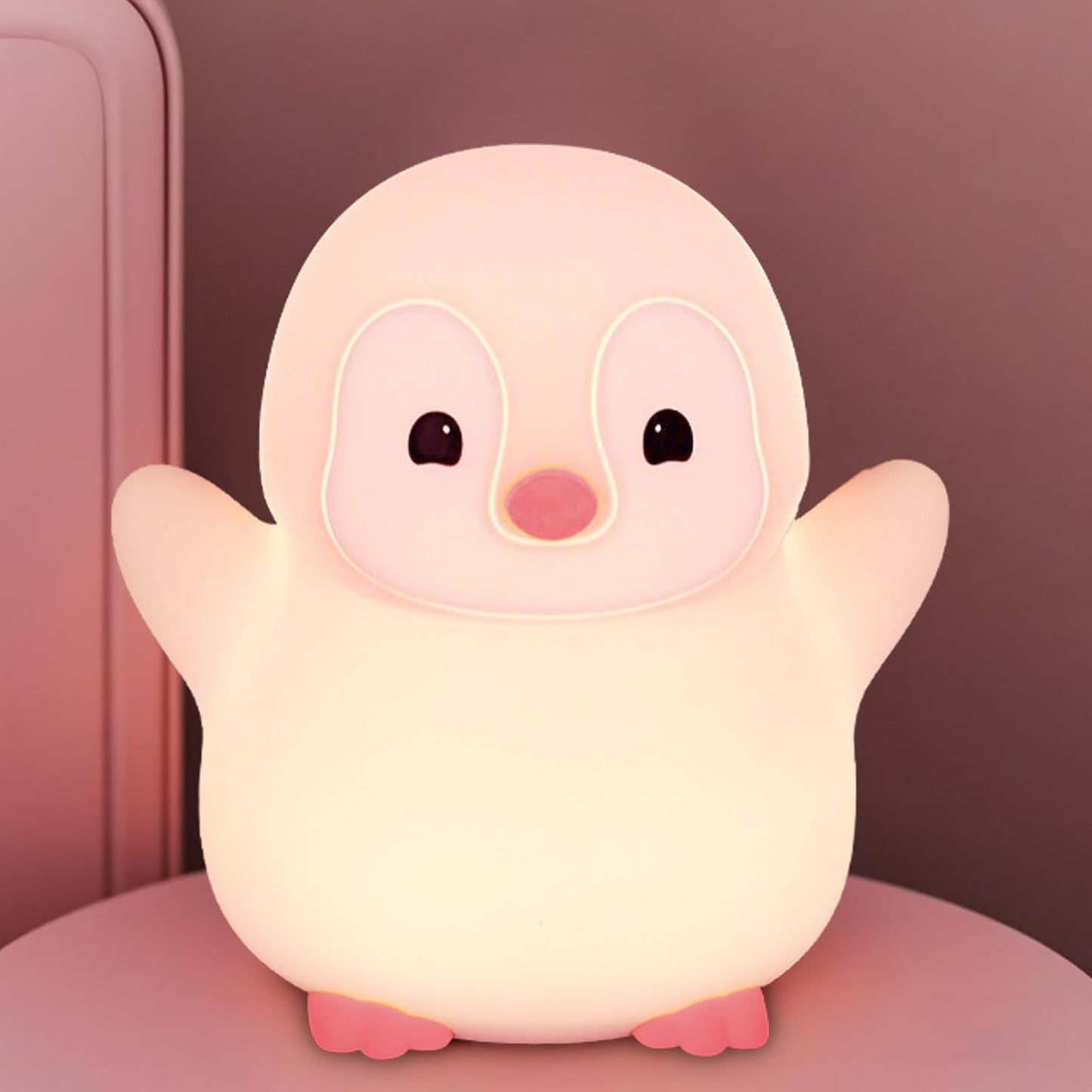 Pink Penguin Night Light,Food Grade Soft Silicone Nursery Nightlight for Baby,LED Squishy Novelty Animal Bedside Lamp,Rechargeable/Dimmable/Timer,Funny Gifts for Kids Girls Adults Teens