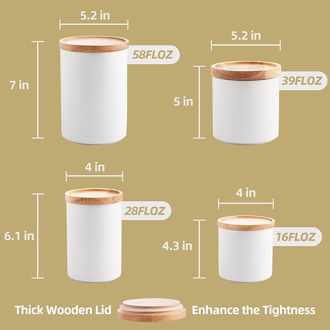 Sweejar Kitchen Canisters Ceramic Food Storage Jar Set, Stackable Containers with Airtight Seal Wooden Lid for Serving Ground Coffee, Tea, Herbs, Grains, Sugar, Salt - Set of 4 (Black)