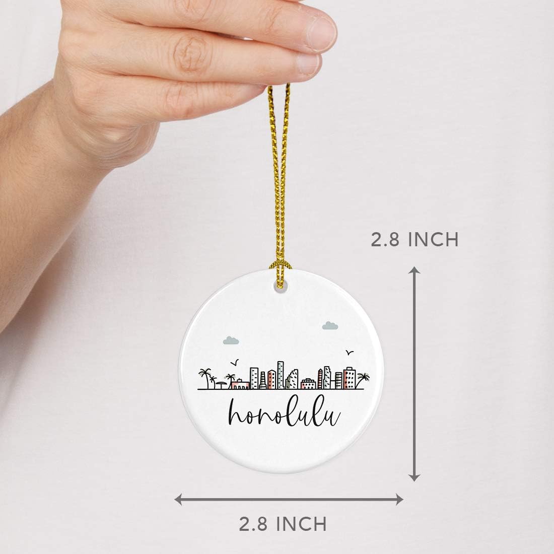 Andaz Press Round Ceramic Porcelain Christmas Tree Ornament Keepsake, Honolulu City Skyline Graphic, 1-Pack, Birthday Gift Idea for Family, Coworker, Him, Her, Includes Gift Box