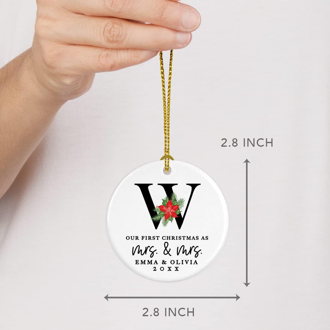 Andaz Press Personalized Our First Christmas As Mrs. & Mrs. 2025 Christmas Ornaments Monogram Poinsettia 2.8" Round Porcelain Ceramic Lesbian Married Couple Gay Women Newlyweds Wedding Keepsake 1-Pack