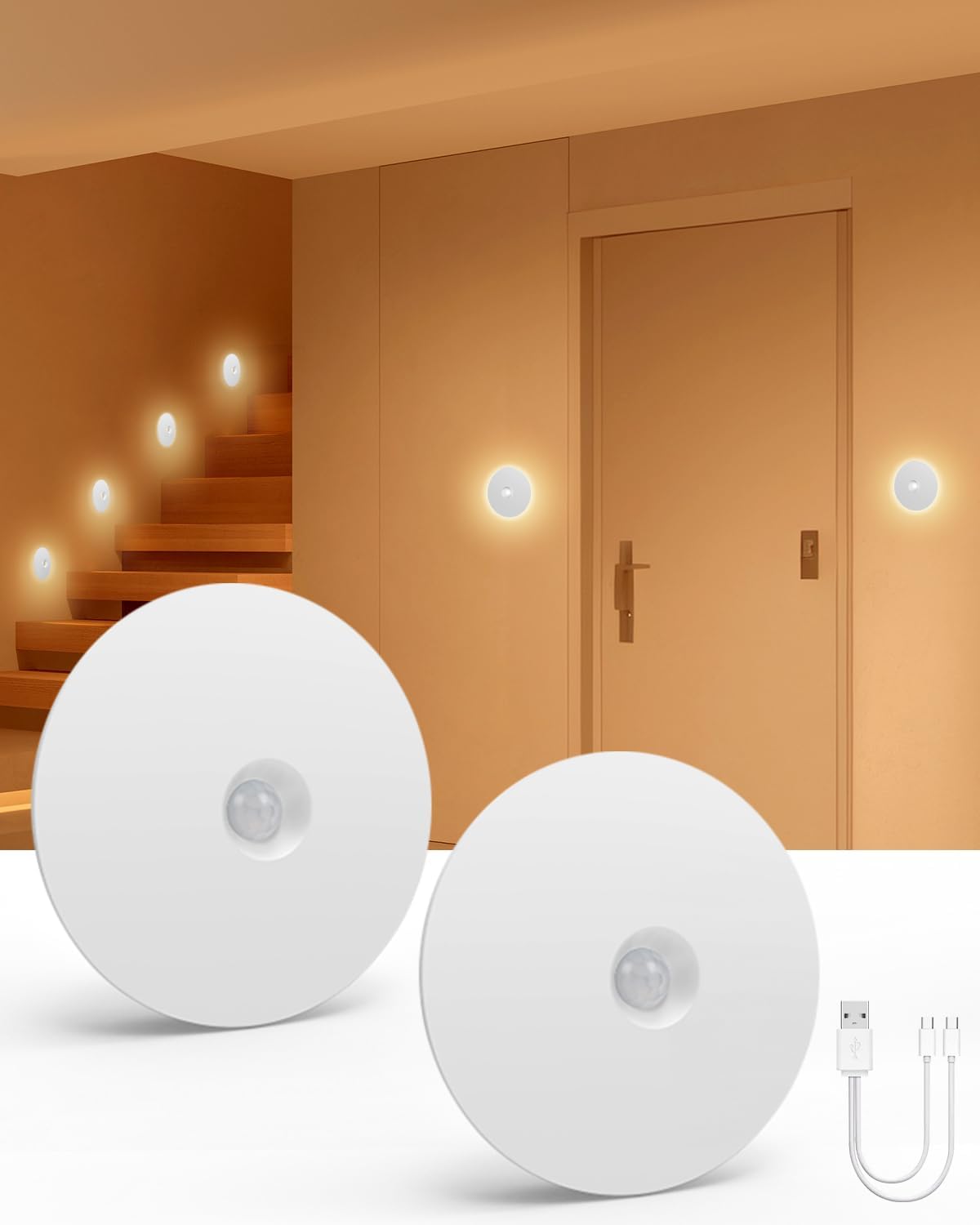 Yiliaw Motion Sensor Night Light, Rechargeable Stair Lights Indoor, Warm White with Wireless Magnetic Mount, Adjustable Brightness & 3 Color Temps for Hallway, Stairway, Bathroom, Closet (2 Pack)