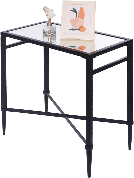 Black End Table, Rectangle Side Table with Mirrored Top, Modern Metal End Table, Small Narrow Side Table for Living Room, Balcony, 22" L x 12.4" W x 24" D