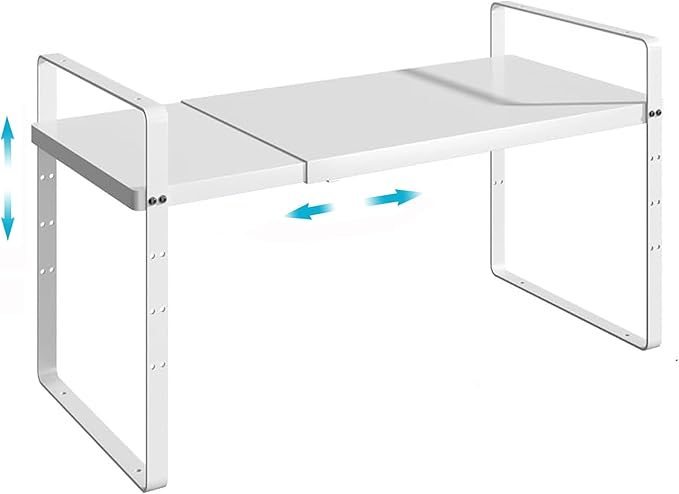 iPEGTOP Expandable Cabinet Storage Shelf Organizer Rack, Heavy Duty Steel Metal Spice Rack Adjustable Height Pantry Garage Shelf Space Riser for Counter Kitchen Organization, White, 1 Pack