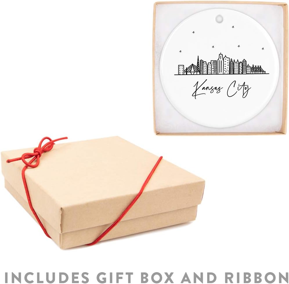 Andaz Press Round Ceramic Porcelain Christmas Tree Ornament, Kansas City Black and White Stars Skyline Graphic, 1-Pack, Birthday Family Coworker Gift, Includes Box