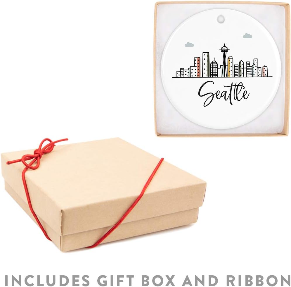 Andaz Press Round Ceramic Porcelain Christmas Tree Ornament Keepsake, Seattle Colorful City Skyline, 1-Pack, Birthday Ideas for Family Coworker, Gift Box Included