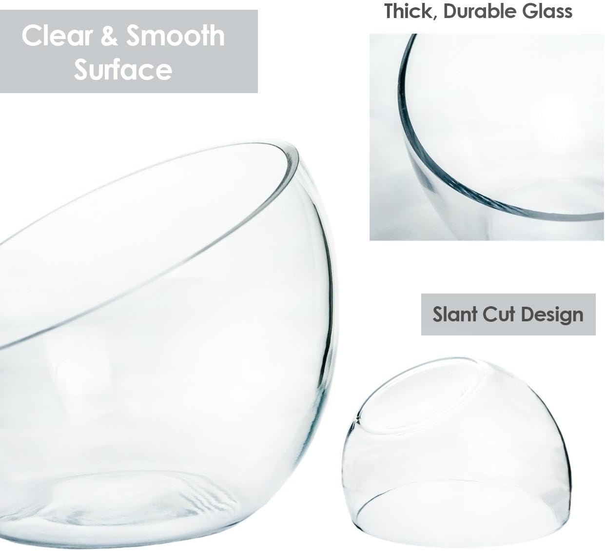 Craft And Party, Slant Cut Bowl Glass Vase, Glass Fish Bowl Vase, 8.5" Height x 10" Width Fruit Jar, Candy Dish, Clear Terraium, Flower Vase Centerpiece