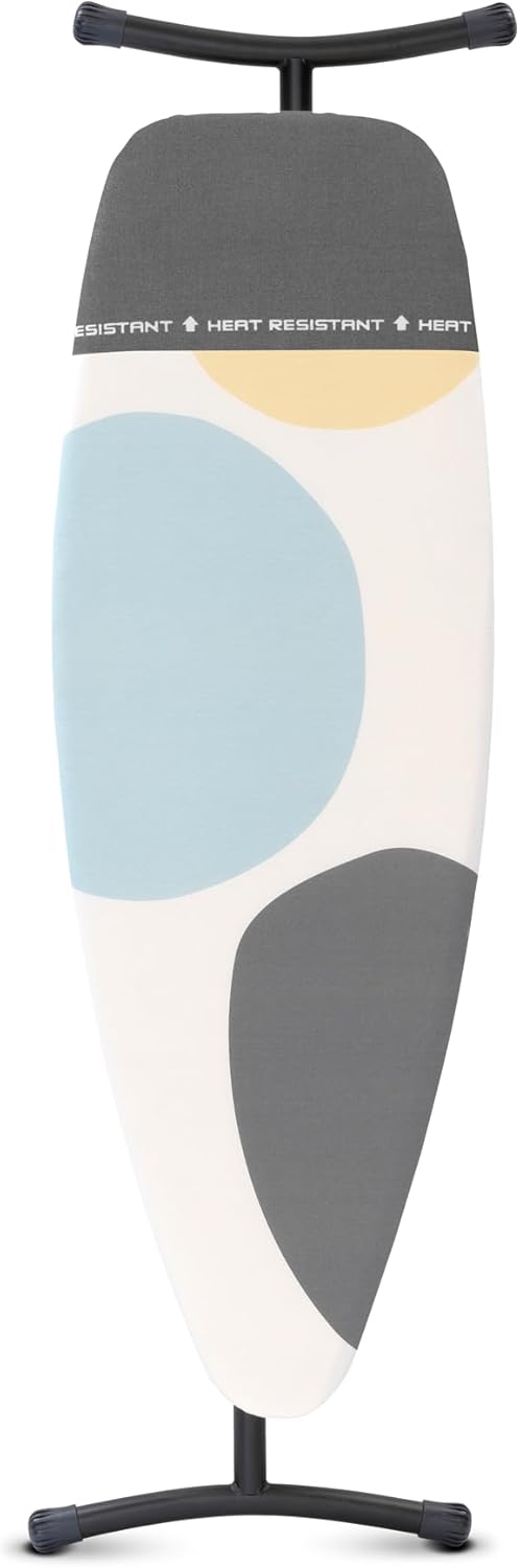 Brabantia Size D Ironing Board (53x18 in) Heat Resistant Parking Zone, Silver Frame, Non-Slip Feet, Suitable for Sit Down Ironing (Spring Bubbles)