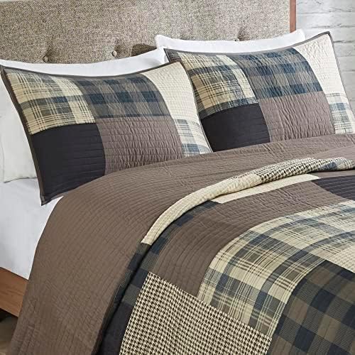 Woolrich Winter Hills Reversible Quilt Set - Cottage Styling Reversed to Solid Color, All Season Lightweight Coverlet, Cozy Bedding Layer, Matching Shams, Oversized King/Cal King, Plaid Tan 3 Piece