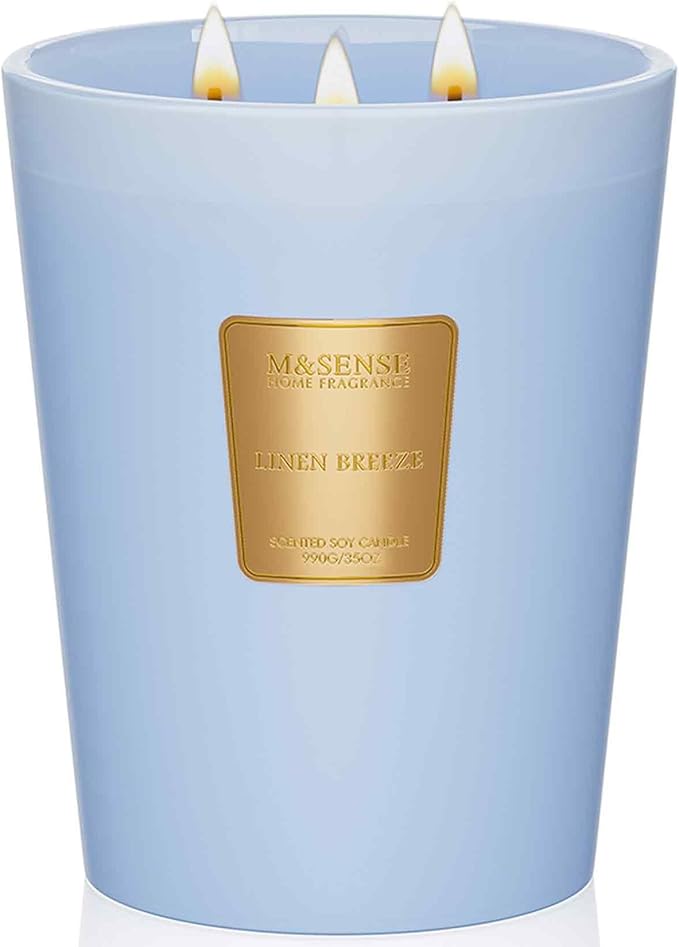 M&SENSE Large Soy Candle Linen Breeze Scented 35oz 150H Burn Time Long Lasting, 3-Wick Natural Aromatherapy Candle, No Toxic Candle Home Fragrance Housewarming Gifts