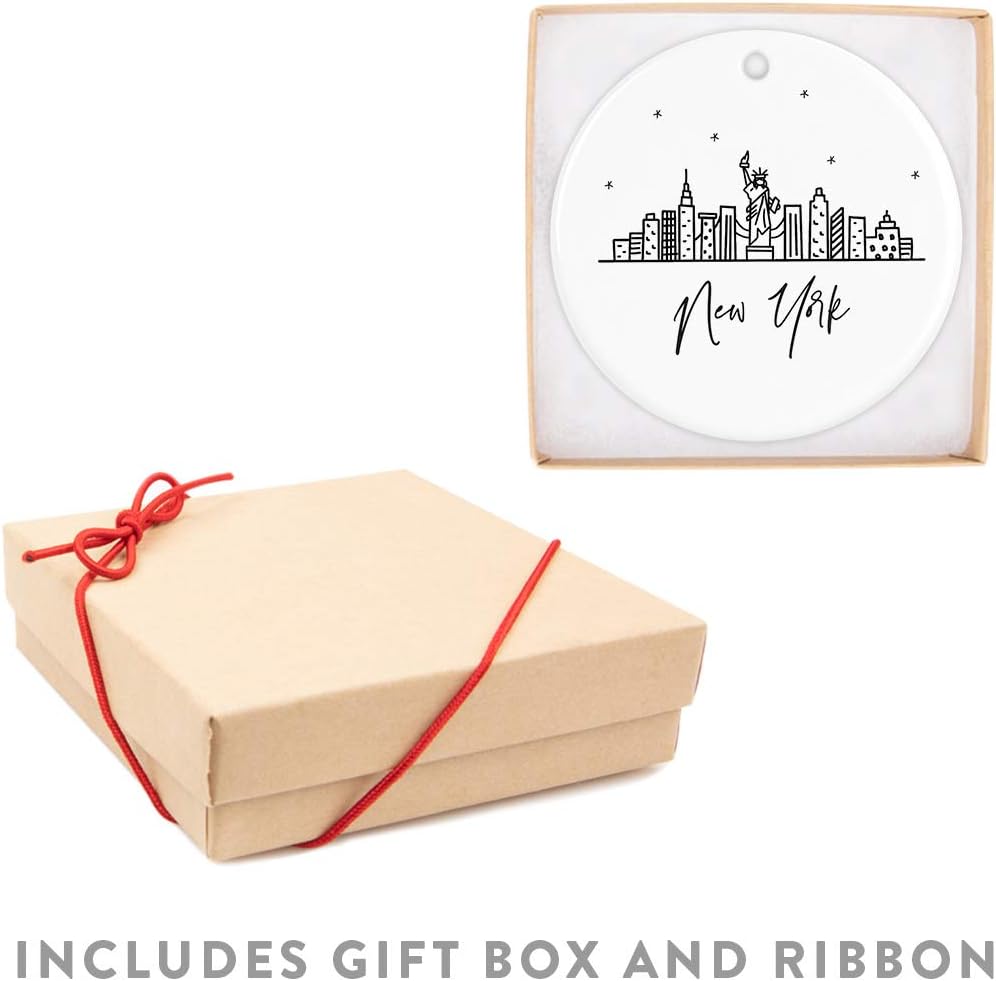 Andaz Press Round Ceramic Porcelain Christmas Tree Ornament, New York, Black And White Stars City Skyline 1-Pack Birthday Ideas Family Coworker, NYC Christmas Ornament New York City Christmas Ornament