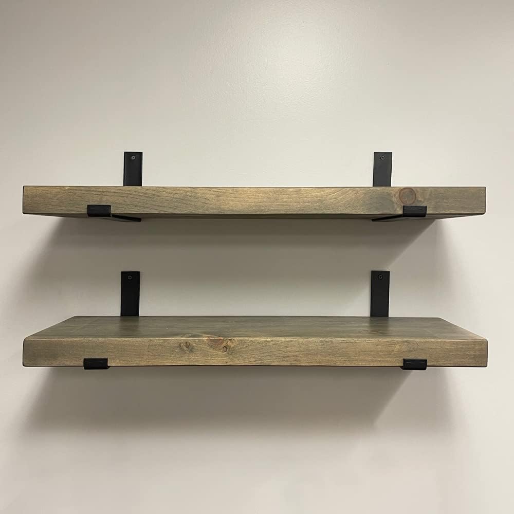 Rustic Shelves with J-Brackets Set of 2, Industrial Shelf, Kitchen Shelves, Solid Wood, Decorative Wall Storage, Heavy Duty, URBANDI (Grey, 12Wx10D)