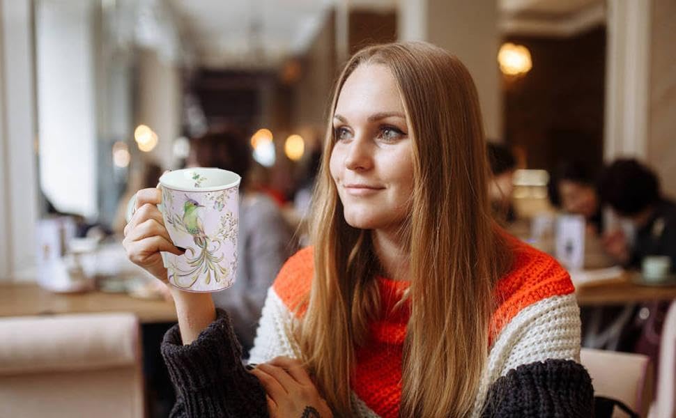 Lightahead Elegant Bone China Two Coffee Mugs Set in Bird Design 10.8 oz Each Cup in Attractive Gift Box