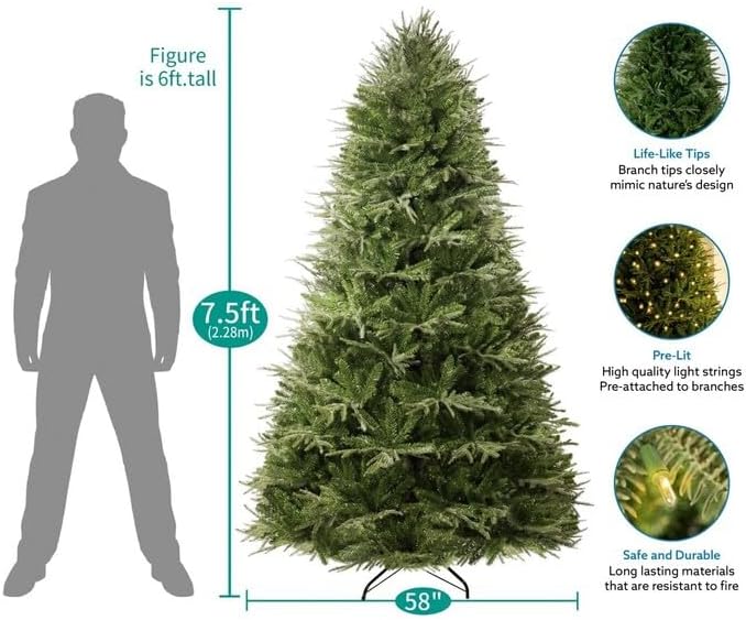 Naomi Home 7.5ft Christmas Tree with Lights, Realistic Prelit with Hinged Design with Foot Pedal, 2755 Branch Tips, 600 Warm Lights and Metal Stand, Aritificial Tree