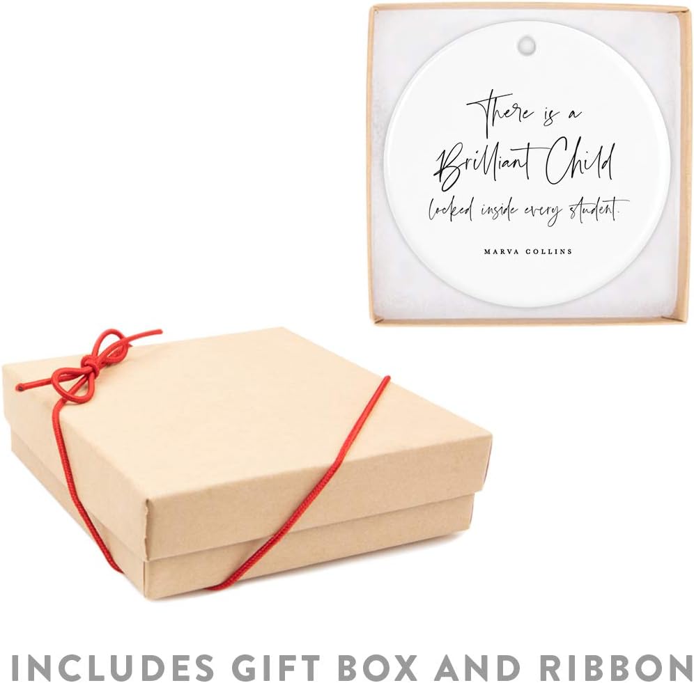 Andaz Press Round Ceramic Porcelain Christmas Tree Ornament for Teacher Thank You Appreciation Graduation Gift, There is A Brilliant Child Locked Inside Every Student. Marva Collins, 1-Pack