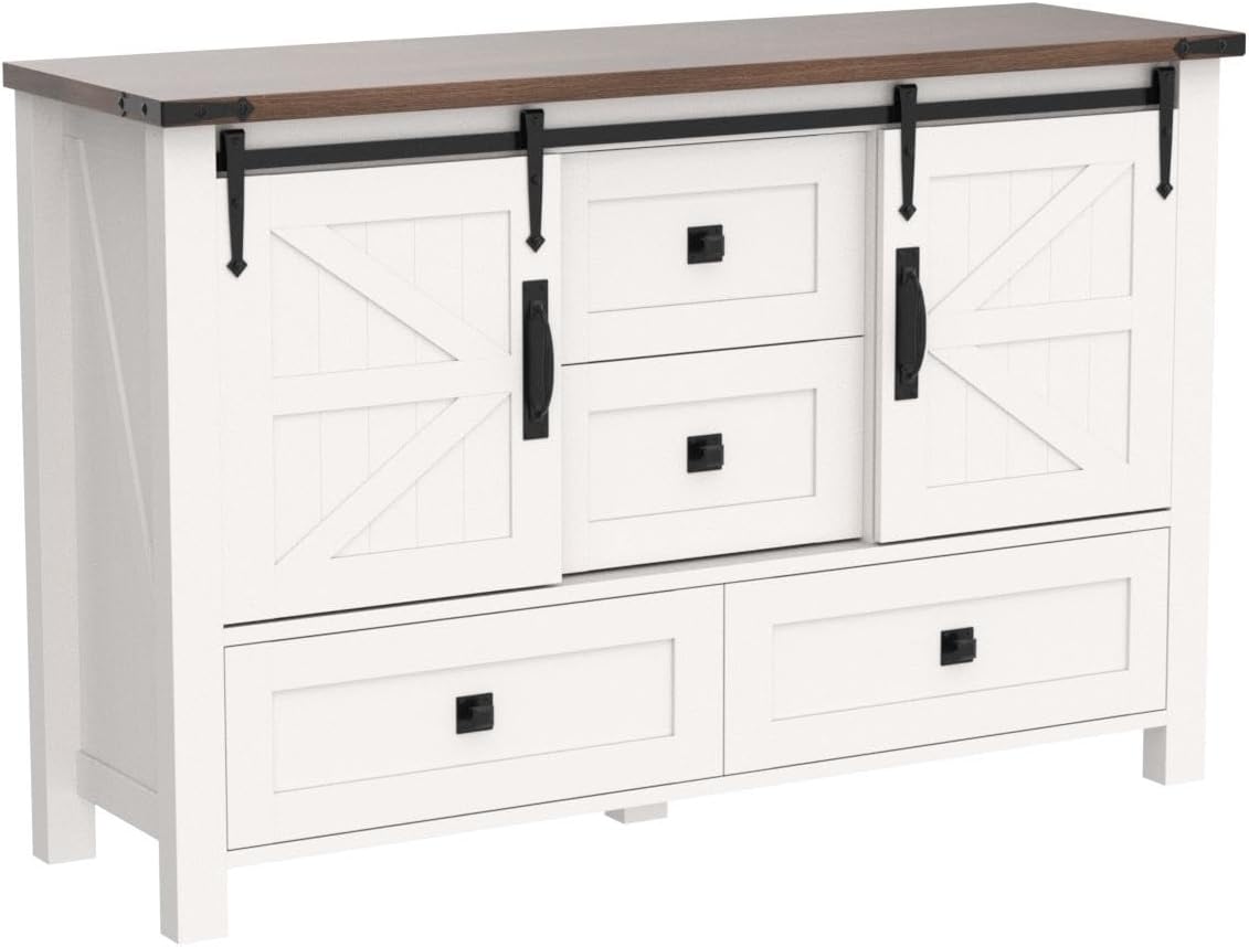 T4TREAM Farmhouse Dresser for Bedroom w/4 Drawers & Sliding Barn Doors, 48'' Wide Chest of Drawers, Rustic Dresser TV Stand w/Shelf, Organizer for Bedroom, Living Room, Entryway, Antique White