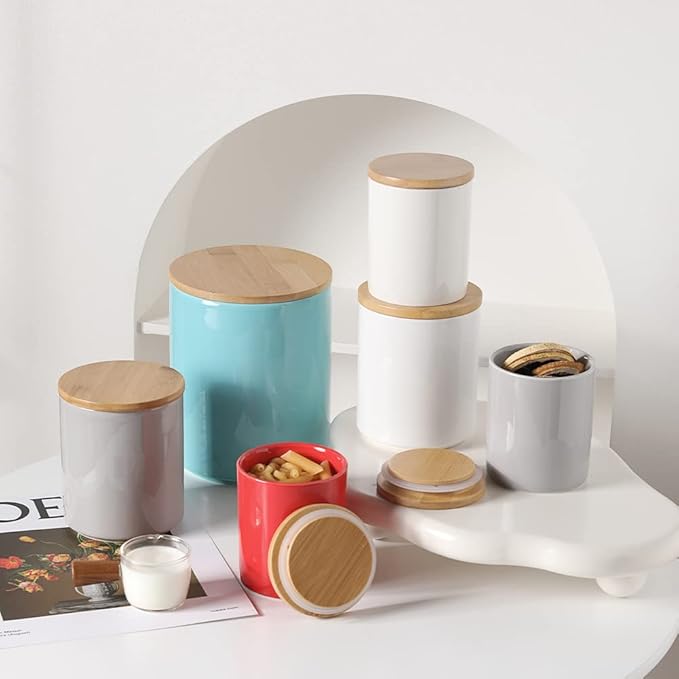 Sweejar Kitchen Canisters Ceramic Food Storage Jar Set, Stackable Containers with Airtight Seal Bamboo Lid for Serving Ground Coffee, Tea,Grains, Herbs,Sugar, Salt and More - Pack of 4（Gray）