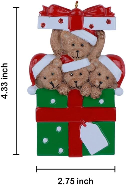 Personalized Bear Family Christmas Ornament 2024, Family of 4 Bear with Gift Box Ornaments for Christmas Tree, Personalized Bear Christmas Ornament, Unique Handmade Teddy Bear Christmas Ornament