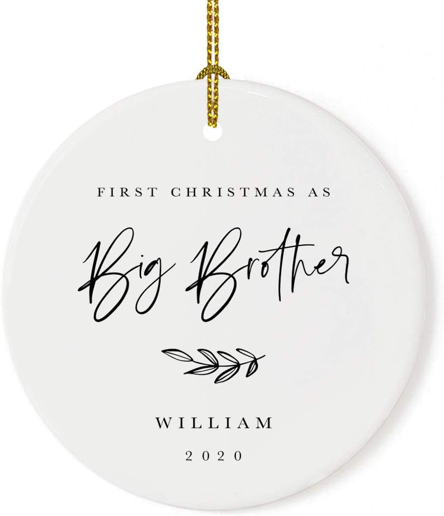 Andaz Press Personalized Sibling Round Ceramic Porcelain Christmas Tree Ornament Keepsake Collectible Gift, First Christmas as Big Brother William 2025, Antique Handdrawn, 1-Pack