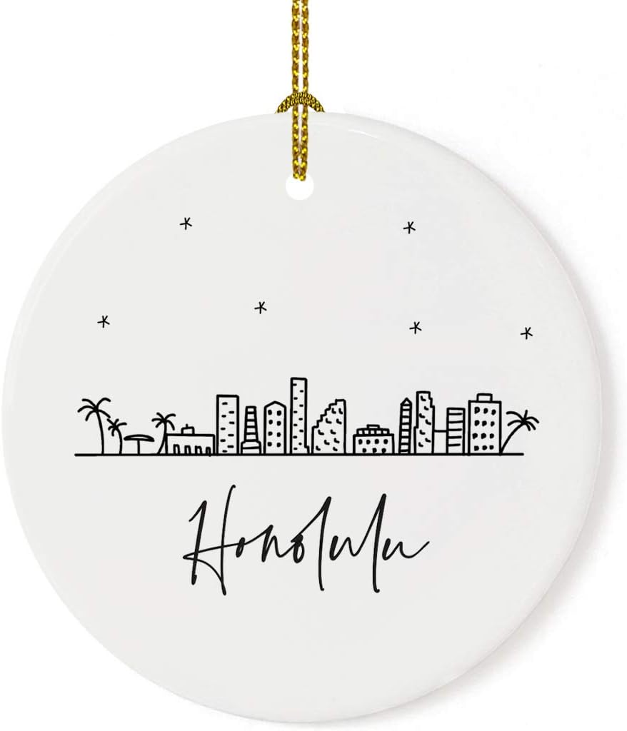 Andaz Press Round Ceramic Porcelain Christmas Tree Ornament Keepsake, Honolulu Black and White Stars City Skyline Graphic, 1-Pack, Birthday Gift Idea for Family, Coworker, Him, Her, Includes Gift Box