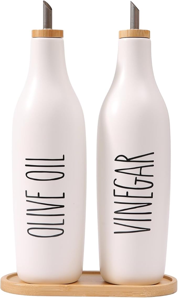 HOMCDALY Olive Oil and Vinegar Dispenser Set, 16oz Ceramic Oil Dispenser for Kitchen, Kitchen Dispenser Bottle for EVOO Vinegar Syrups, Modern Farmhouse Design | Set of 2 – P-White