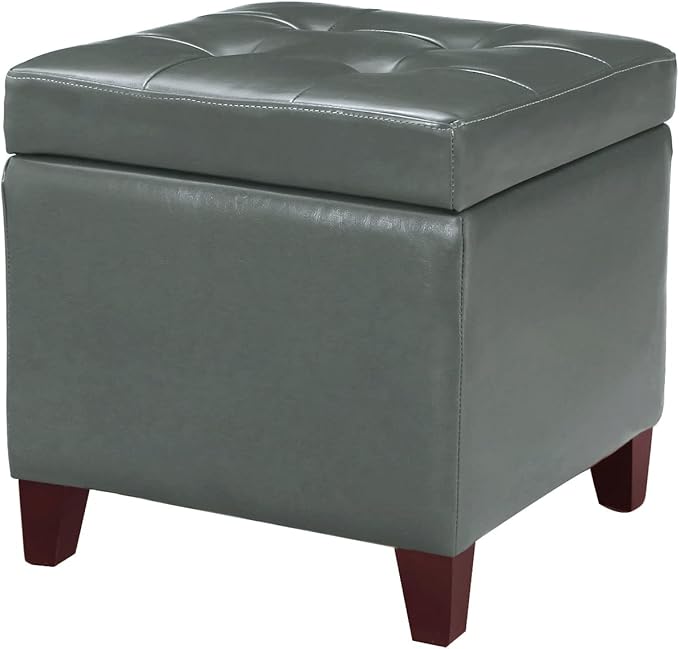Adeco Bonded Leather Square Tufted Cubic Cube Footstool, 18" Height Storage Ottomans, with Lid, Cement Grey