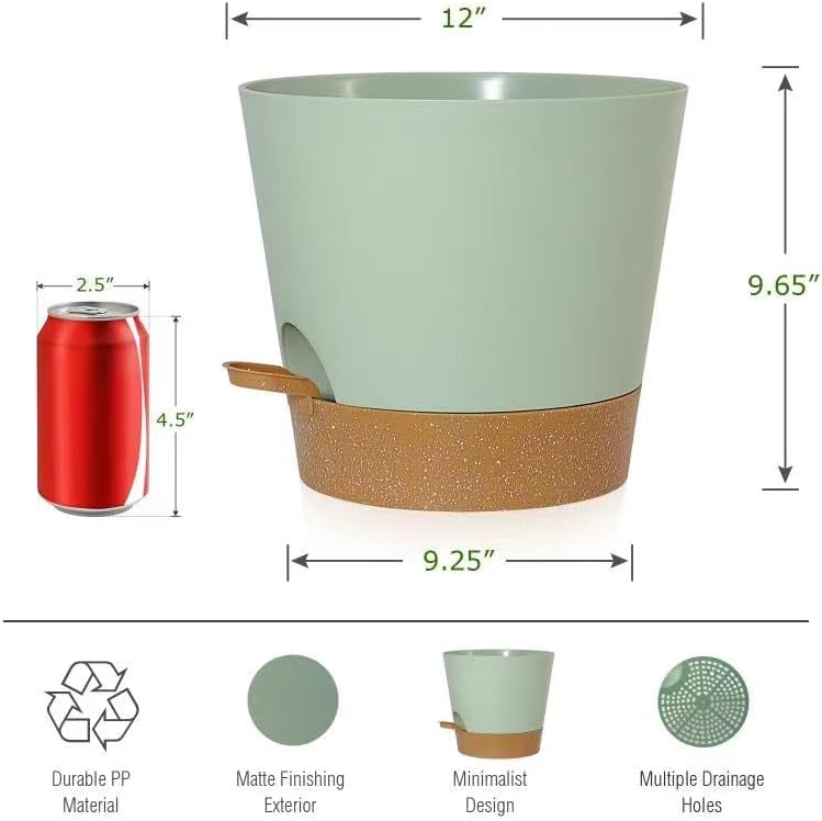 Self Watering Pots for Indoor Plants,12 inch Planters with Drainage Holes Plastic Flower Pots with Deep Reservoir, Green with Brown